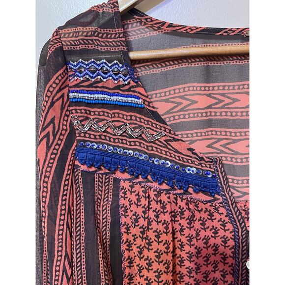 Free People Sheer top Womens button pullover top Boho Hippie sequin beads pocket - Picture 3 of 6